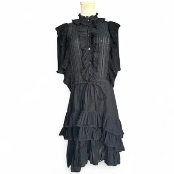 Zadig & Voltaire Ranky Ruffle Lace Trim Dress Noir Witchy Gothic Size XS - Picture 4 of 10